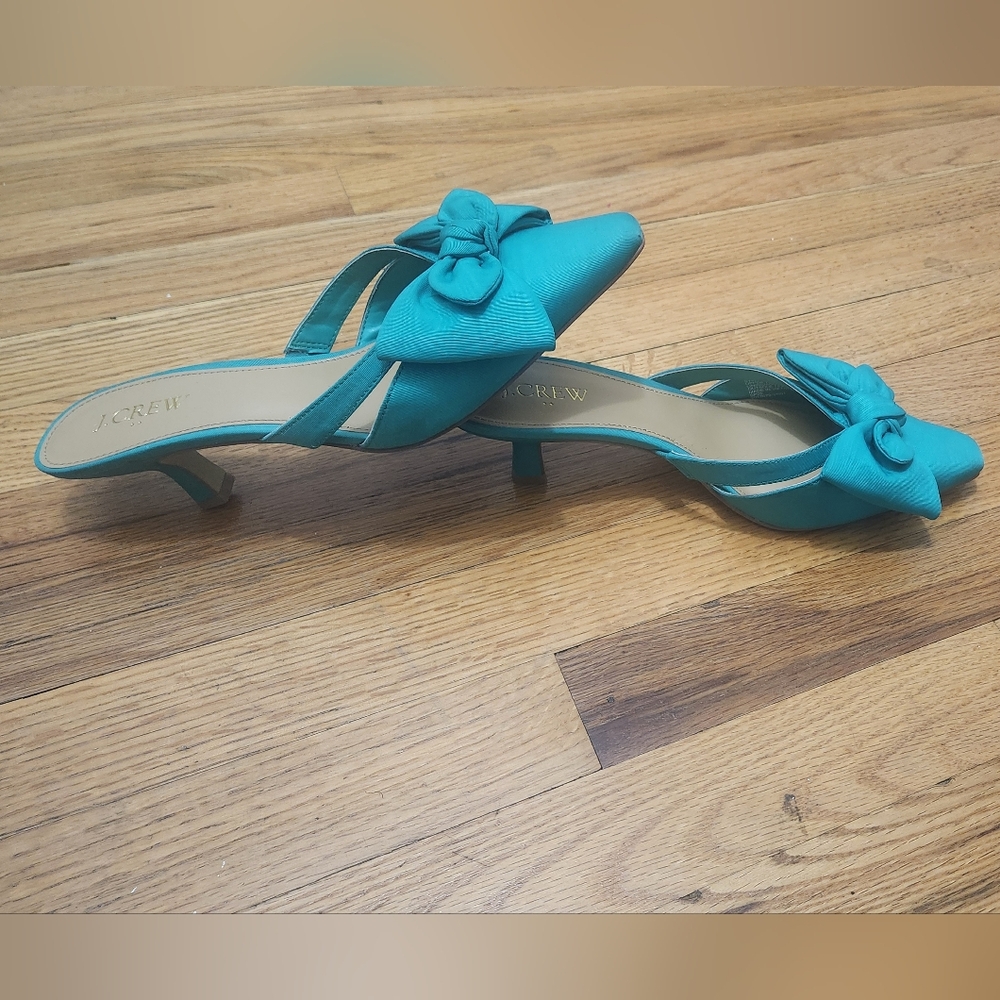 J.Crew Women’s Size 8 Teal Bow Mule Heels Kitten Heel Slip-On Sandals Chic Dress - Picture 10 of 10